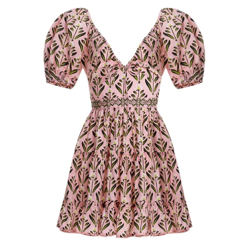 Agua by Agua Bendita Pink and Olive Floral Puff-Sleeve Mini Dress